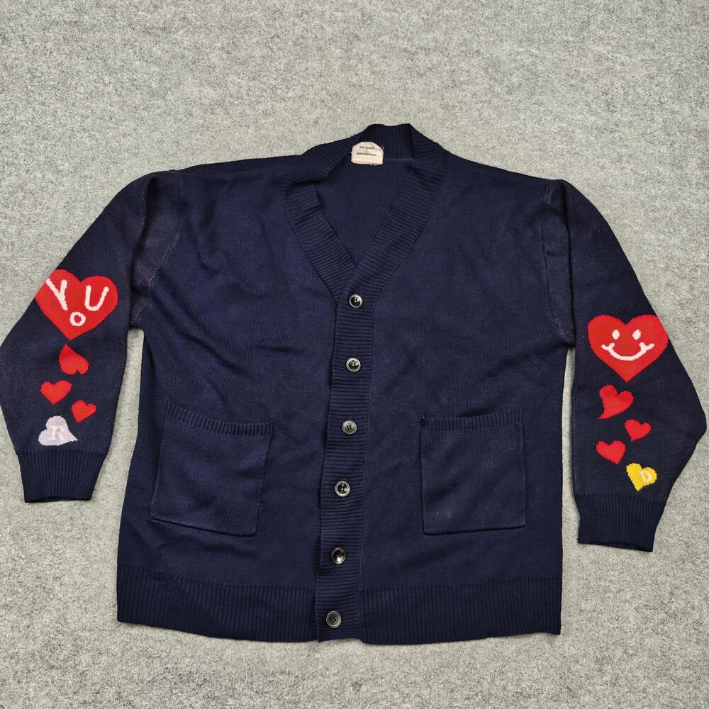 STANDARD Cardigan Womens One Size Blue V-Neck Button Wool Hearts Sweater